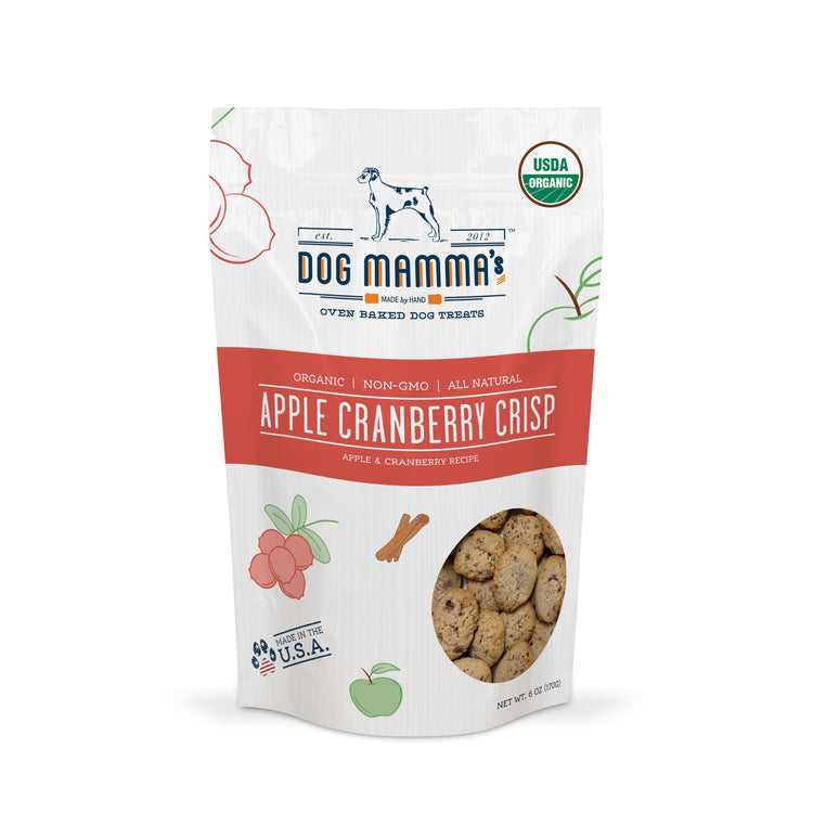 Organic apple cranberry dog treats front of bag