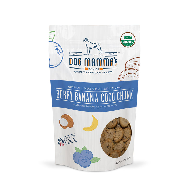 Dog Mammas organic blueberry banana coconut dog treats front of bag