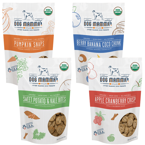 Dog Mamma's Organic Dog Treats 4 Pack Variety - Pumpkin, Berry Banana, Sweet Potato & Kale, Apple Cranberry USDA Organic Certified Dog Treats